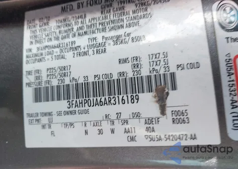 2010 Ford Fusion Sel from USA, damaged, VIN 3FAHP0JA6AR316189